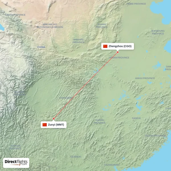 Zhengzhou - Zunyi direct flight map