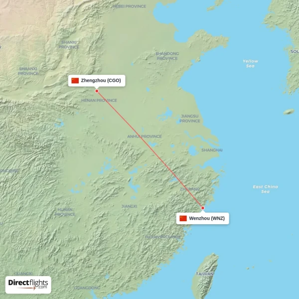 Zhengzhou - Wenzhou direct flight map