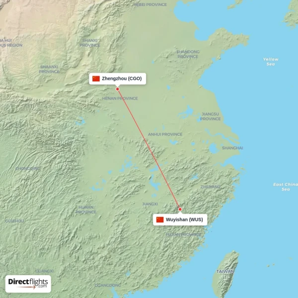 Zhengzhou - Wuyishan direct flight map