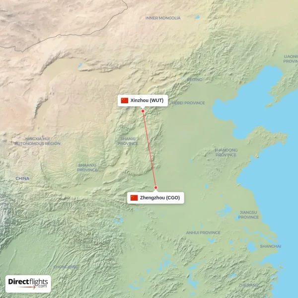 Zhengzhou - Xinzhou direct flight map