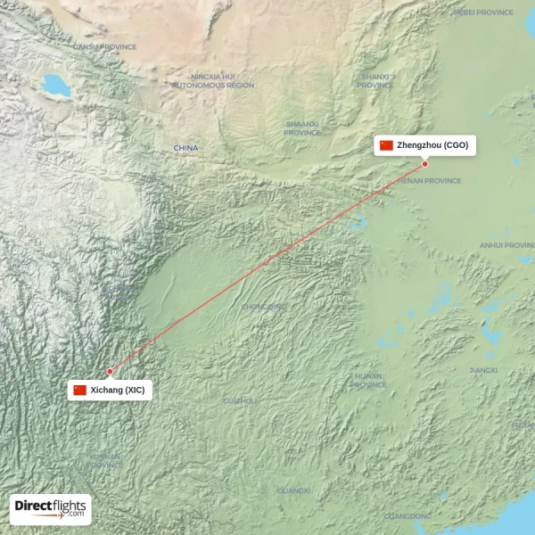 Zhengzhou - Xichang direct flight map