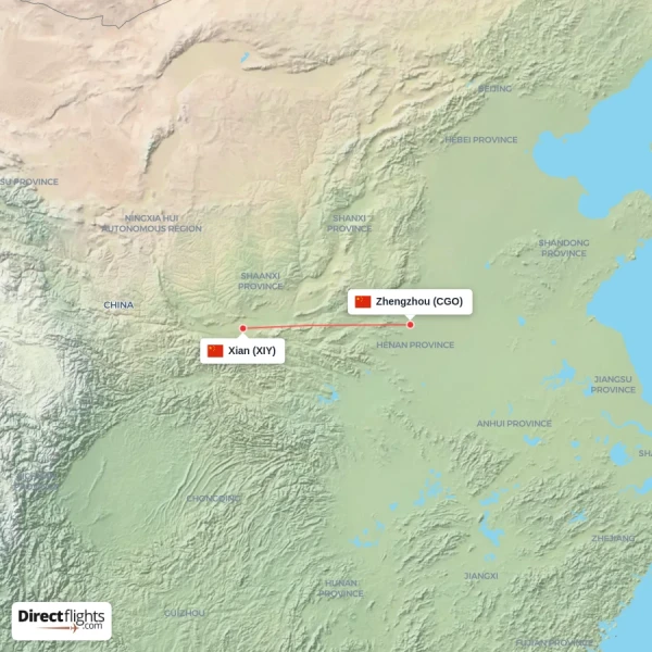 Zhengzhou - Xian direct flight map