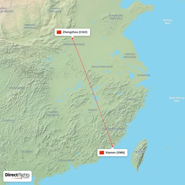 Zhengzhou - Xiamen direct flight map