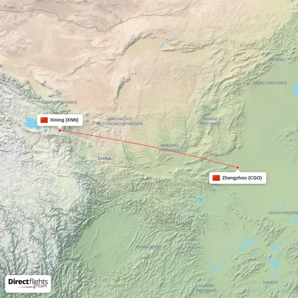 Zhengzhou - Xining direct flight map