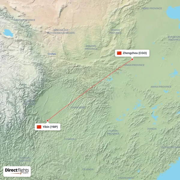 Zhengzhou - Yibin direct flight map