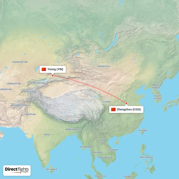 Zhengzhou - Yining direct flight map