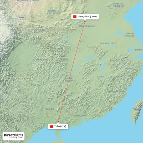 Zhengzhou - Yulin direct flight map
