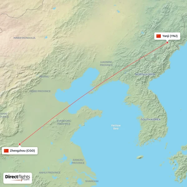 Zhengzhou - Yanji direct flight map