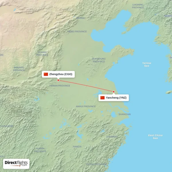 Zhengzhou - Yancheng direct flight map