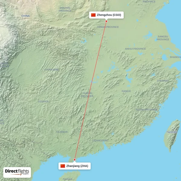 Zhengzhou - Zhanjiang direct flight map