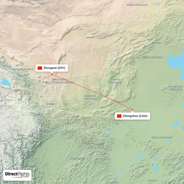 Zhengzhou - Zhongwei direct flight map