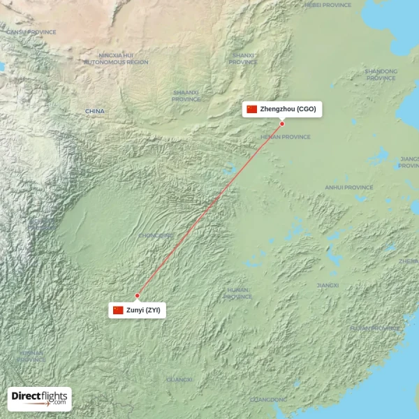 Zhengzhou - Zunyi direct flight map