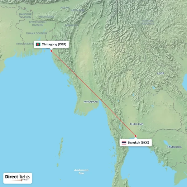 Chittagong - Bangkok direct flight map
