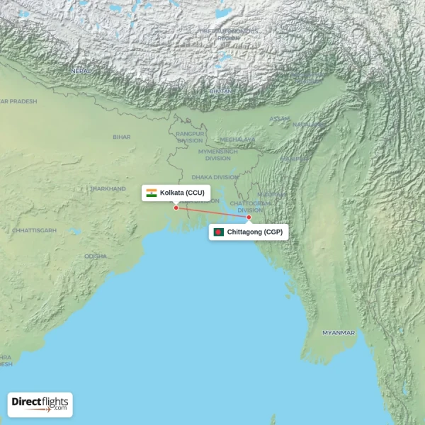Chittagong - Kolkata direct flight map