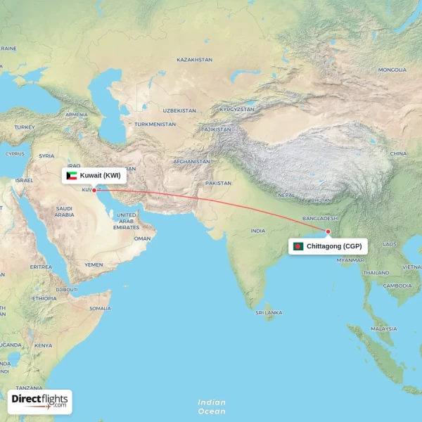 Chittagong - Kuwait direct flight map