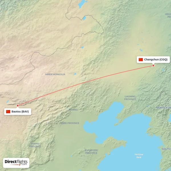 Changchun - Baotou direct flight map