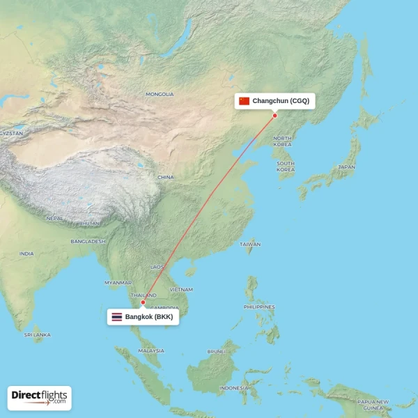 Changchun - Bangkok direct flight map