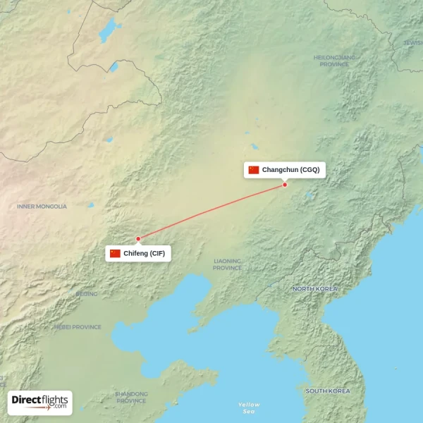 Changchun - Chifeng direct flight map