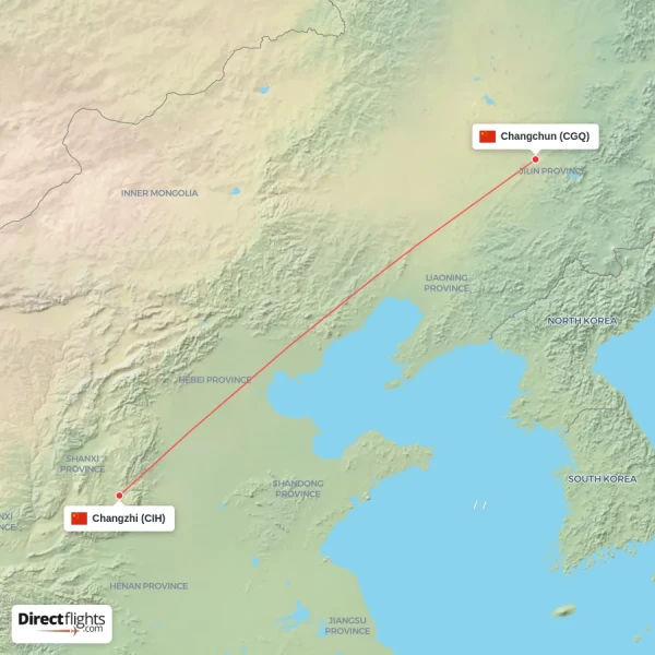 Changchun - Changzhi direct flight map