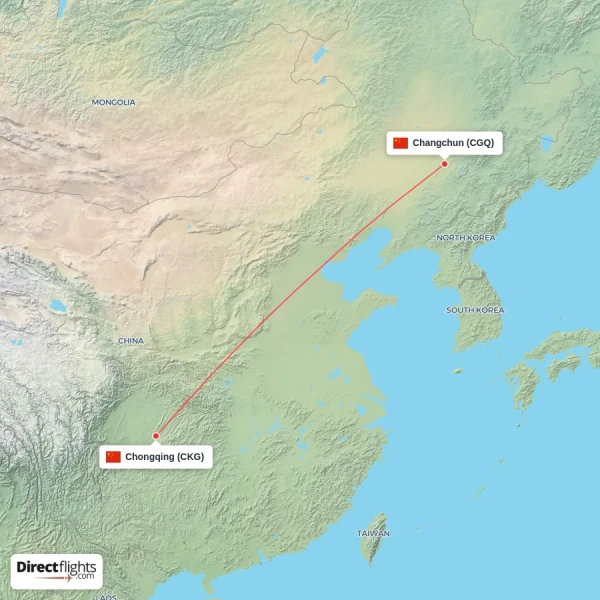 Changchun - Chongqing direct flight map