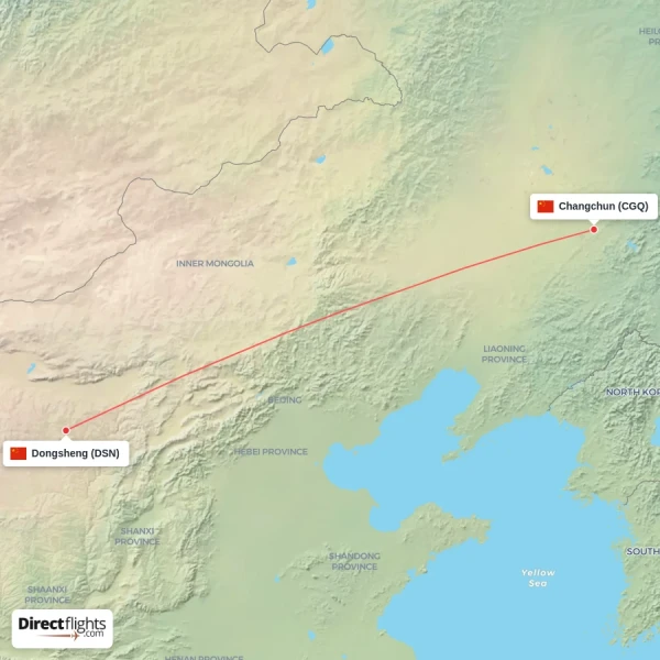 Changchun - Dongsheng direct flight map