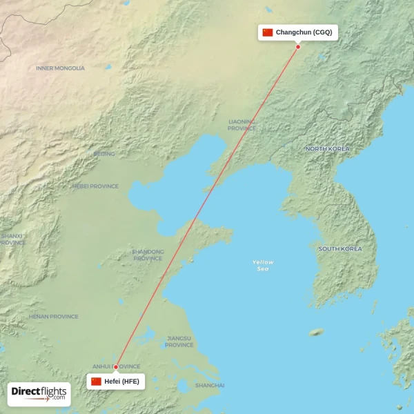 Changchun - Hefei direct flight map