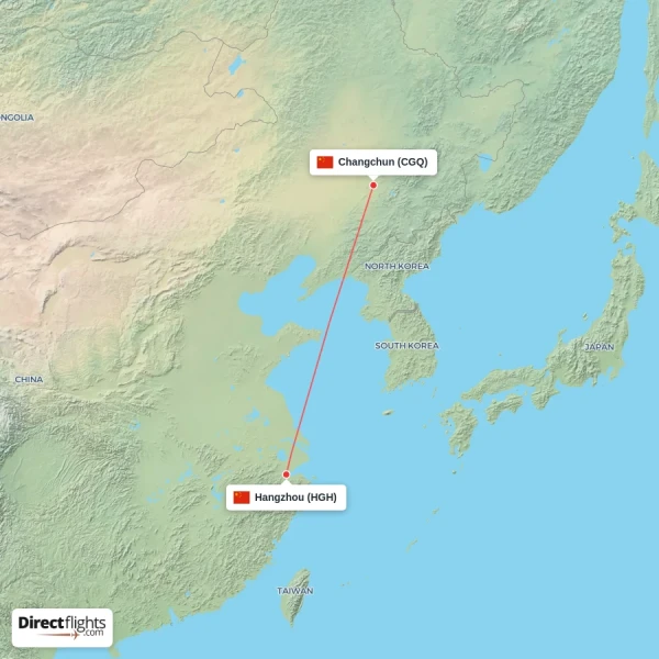 Changchun - Hangzhou direct flight map