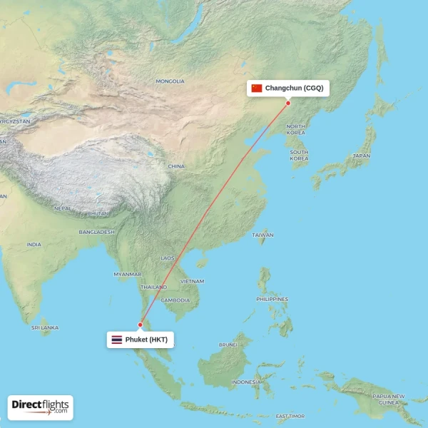 Changchun - Phuket direct flight map