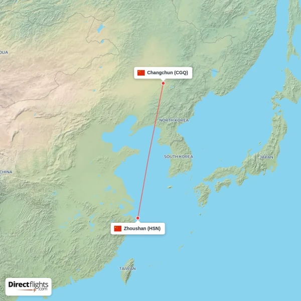 Changchun - Zhoushan direct flight map