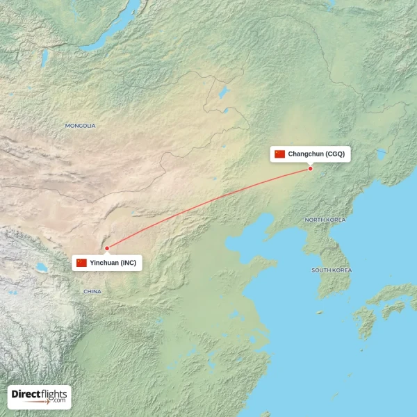 Changchun - Yinchuan direct flight map