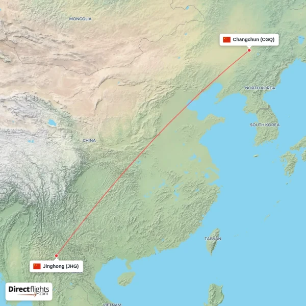 Changchun - Jinghong direct flight map