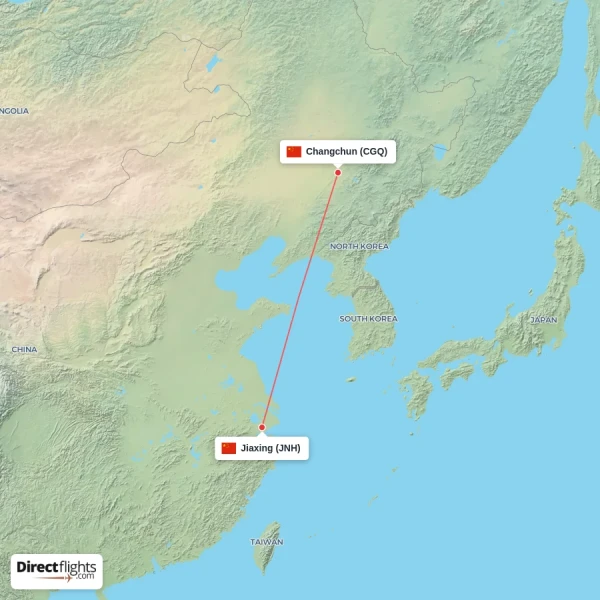 Changchun - Jiaxing direct flight map