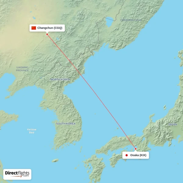 Changchun - Osaka direct flight map