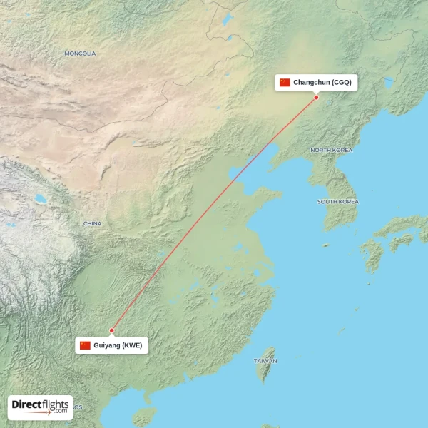 Changchun - Guiyang direct flight map