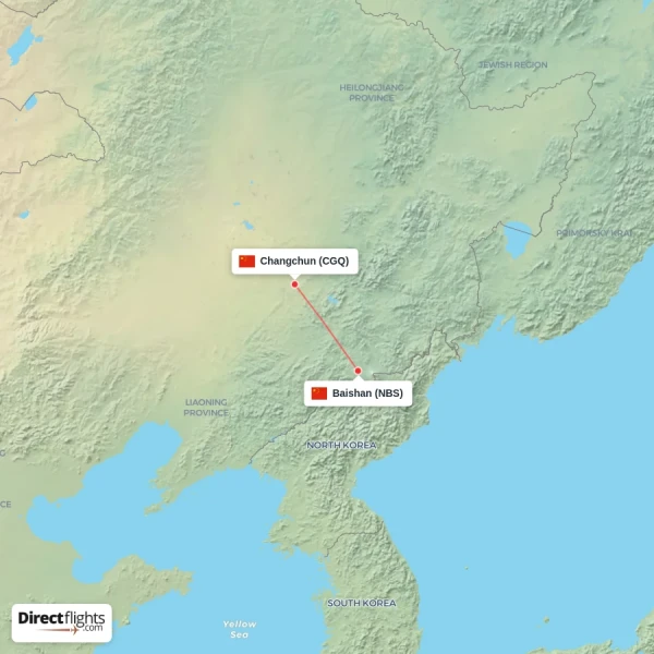 Changchun - Baishan direct flight map