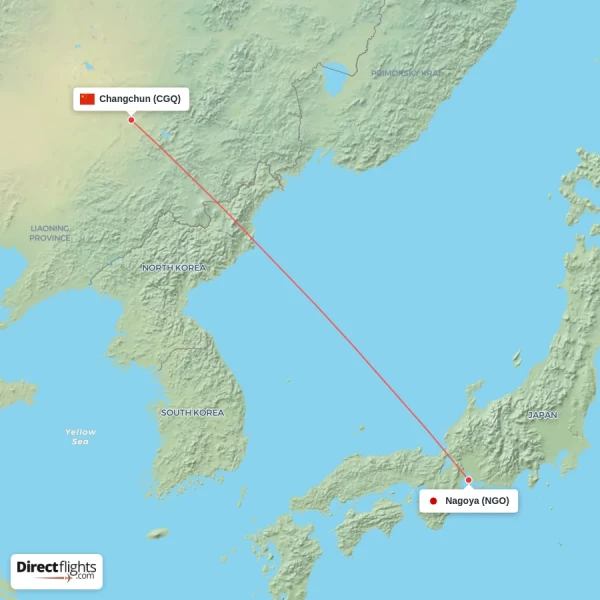 Changchun - Nagoya direct flight map