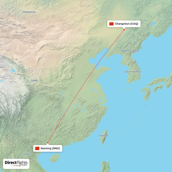 Changchun - Nanning direct flight map