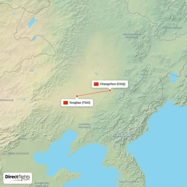 Changchun - Tongliao direct flight map