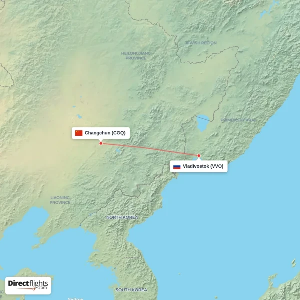 Changchun - Vladivostok direct flight map