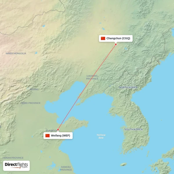 Changchun - Weifang direct flight map