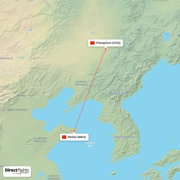 Changchun - Weihai direct flight map