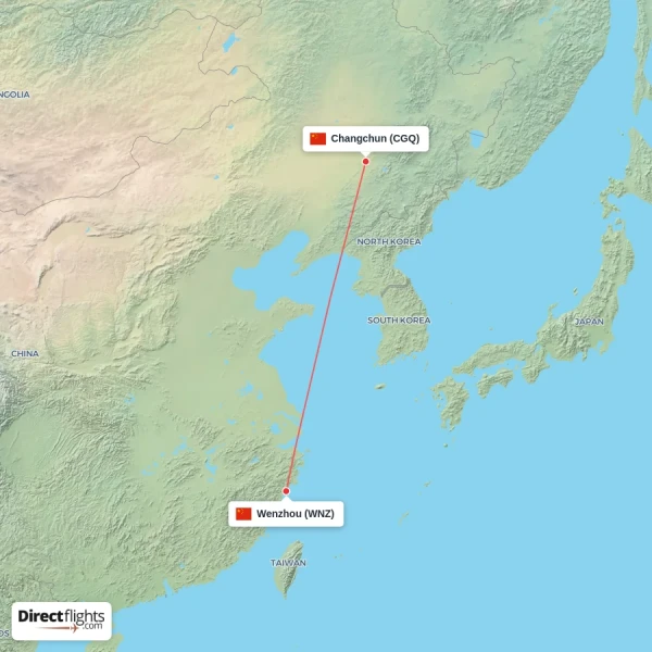 Changchun - Wenzhou direct flight map