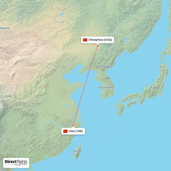 Changchun - Yiwu direct flight map