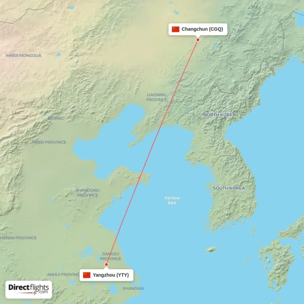 Changchun - Yangzhou direct flight map