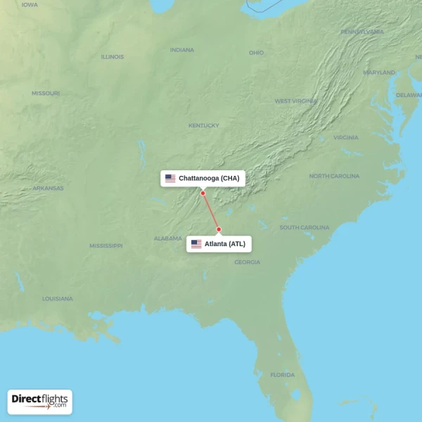 Chattanooga - Atlanta direct flight map