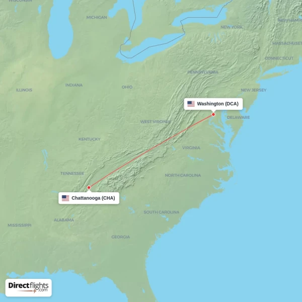 Chattanooga - Washington direct flight map