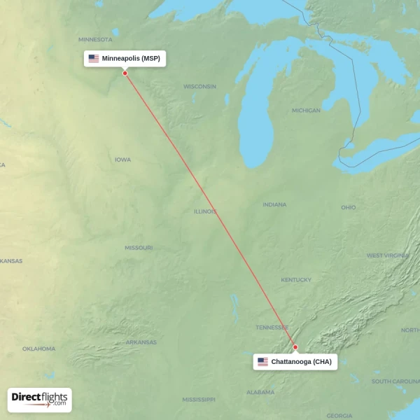 Chattanooga - Minneapolis direct flight map