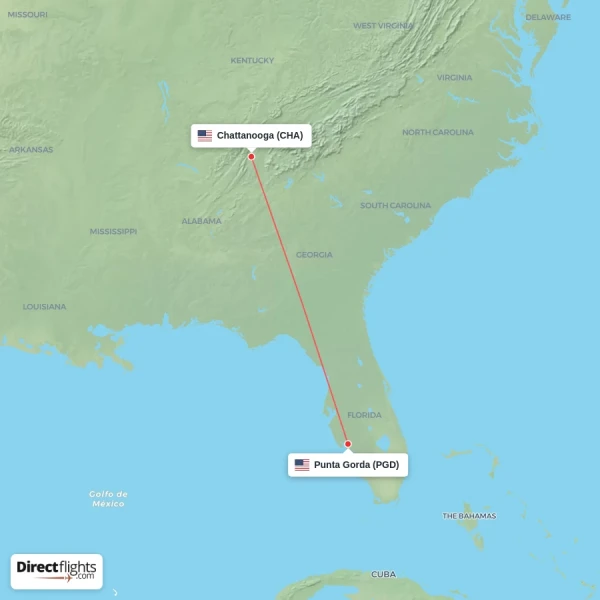 Chattanooga - Punta Gorda direct flight map