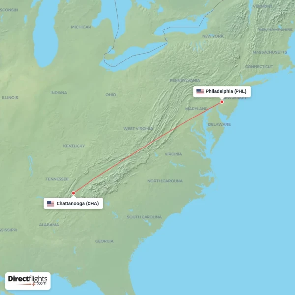 Chattanooga - Philadelphia direct flight map