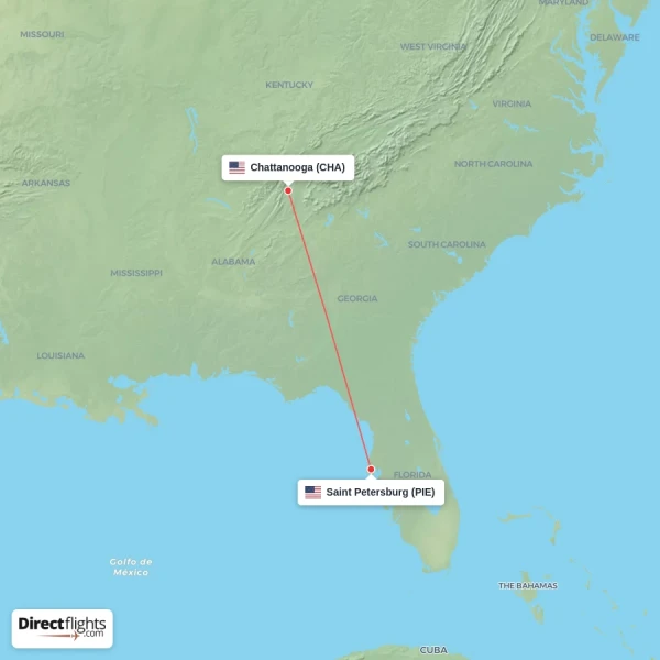 Chattanooga - Saint Petersburg direct flight map